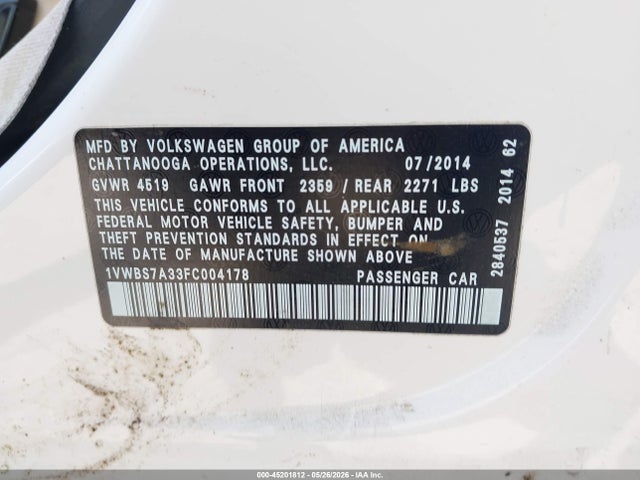 Aukcja sprzedaży 2015 Volkswagen Passat 1.8t Se, vin: 1VWBS7A33FC004178, numer aukcji: 45201812