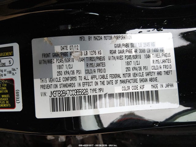 Aukcja sprzedaży 2012 Mazda Cx-9 Sport, vin: JM3TB2BA7C0365828, numer aukcji: 45201817