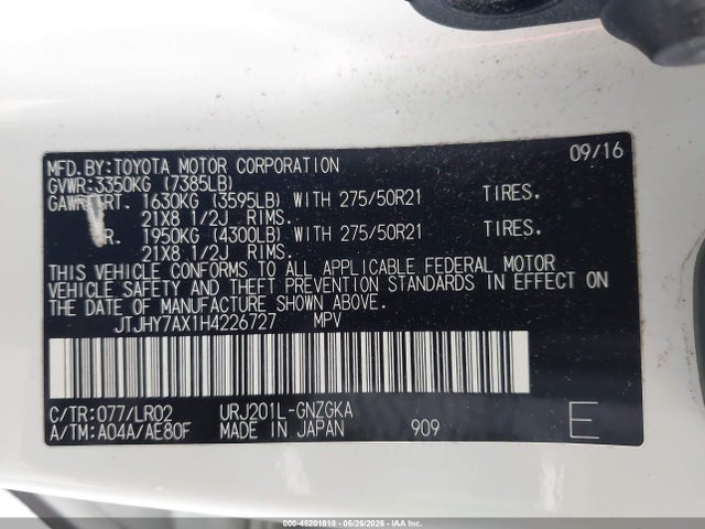 Aukcja sprzedaży 2017 Lexus Lx 570, vin: JTJHY7AX1H4226727, numer aukcji: 45201818