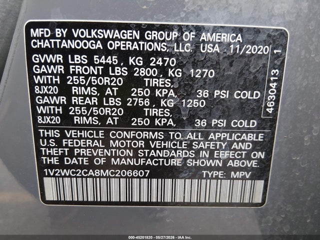 2021 Volkswagen Atlas Cross Sport 2.0t Se W/technology მანქანა იყიდება აუქციონზე, vin: 1V2WC2CA8MC206607, აუქციონის ნომერი: 45201820