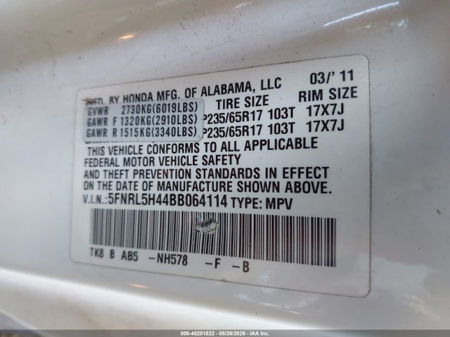 Продажа на аукционе авто 2011 Honda Odyssey Ex, vin: 5FNRL5H44BB064114, номер лота: 45201822