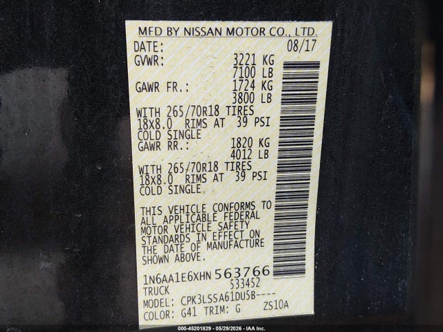Auction sale of the 2017 Nissan Titan Sv, vin: 1N6AA1E6XHN563766, lot number: 45201829