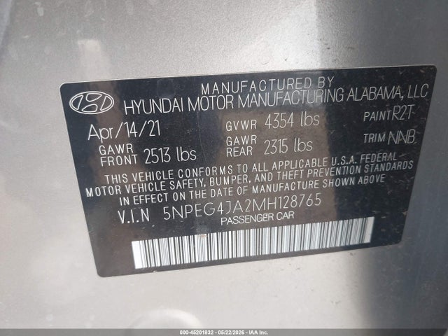45201832 :رقم المزاد ، 5NPEG4JA2MH128765 vin ، 2021 Hyundai Sonata Se مزاد بيع
