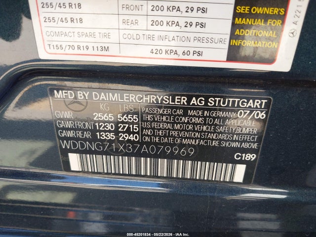 45201834 :رقم المزاد ، WDDNG71X37A079969 vin ، 2007 Mercedes-benz S 550 مزاد بيع