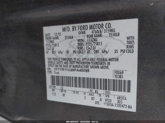 Aukcja sprzedaży 2006 Ford Ranger Sport/xl/xlt, vin: 1FTYR11U26PA45098, numer aukcji: 45201837