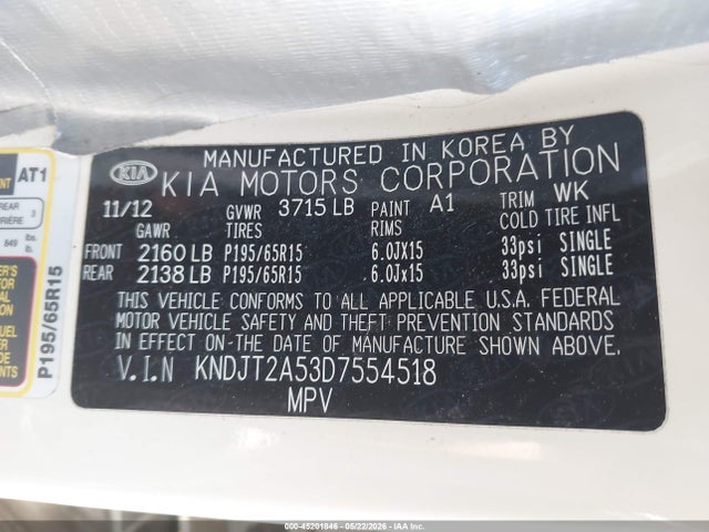 45201846 :رقم المزاد ، KNDJT2A53D7554518 vin ، 2013 Kia Soul مزاد بيع