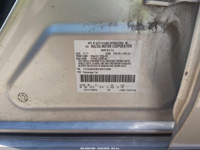 2012 Mazda Mazda6 I Touring მანქანა იყიდება აუქციონზე, vin: 1YVHZ8DH6C5M17406, აუქციონის ნომერი: 45201860