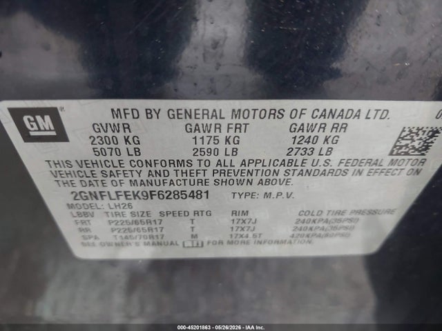 Aukcja sprzedaży 2015 Chevrolet Equinox 1lt, vin: 2GNFLFEK9F6285481, numer aukcji: 45201863