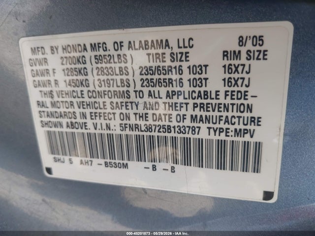 Aukcja sprzedaży 2005 Honda Odyssey Ex-l, vin: 5FNRL38725B133787, numer aukcji: 45201873
