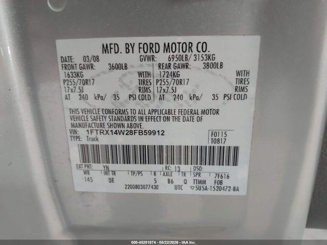 Продаж на аукціоні авто 2008 Ford F-150 Stx, vin: 1FTRX14W28FB59912, номер лоту: 45201874