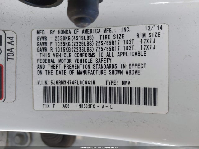 Honda Cr-v Ex-l 2015 5J6RM3H74FL006416 Image 9