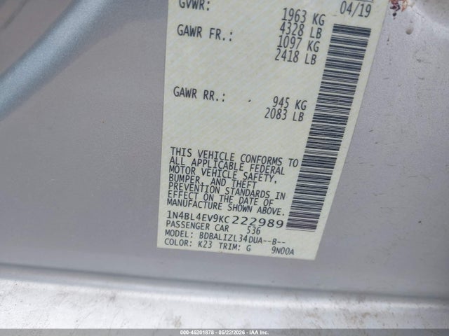 Nissan Altima 2.5 Sl 2019 1N4BL4EV9KC222989 Image 9
