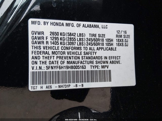 Aukcja sprzedaży 2017 Honda Pilot Lx, vin: 5FNYF6H19HB005163, numer aukcji: 45201890
