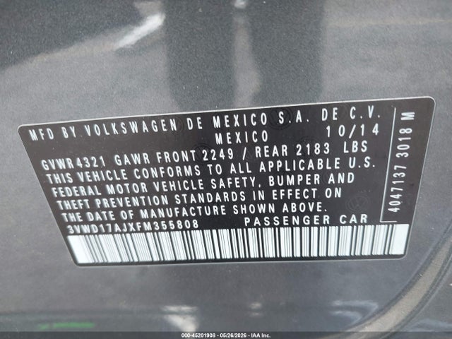 Aukcja sprzedaży 2015 Volkswagen Jetta 1.8t Se, vin: 3VWD17AJXFM355808, numer aukcji: 45201908