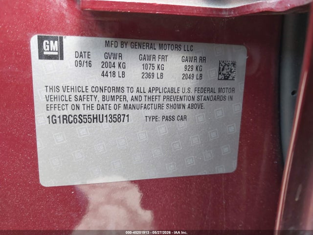 45201913 :رقم المزاد ، 1G1RC6S55HU135871 vin ، 2017 Chevrolet Volt Lt مزاد بيع