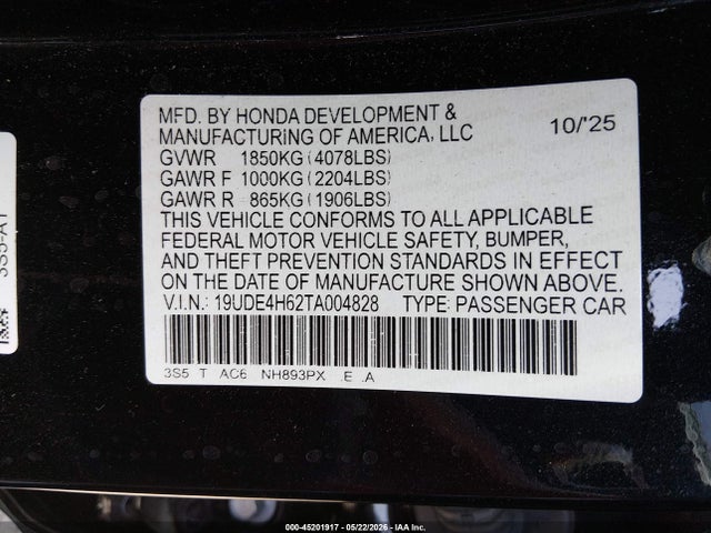 Aukcja sprzedaży 2026 Acura Integra Fwd A-spec With Technology, vin: 19UDE4H62TA004828, numer aukcji: 45201917