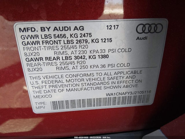 Продажа на аукционе авто 2018 Audi Q5 2.0t Premium/2.0t Tech Premium, vin: WA1CNAFY3J2105116, номер лота: 45201930