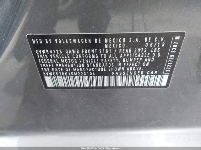 Aukcja sprzedaży 2019 Volkswagen Jetta 1.4t R-line/1.4t S/1.4t Se, vin: 3VWC57BU1KM223104, numer aukcji: 45201934