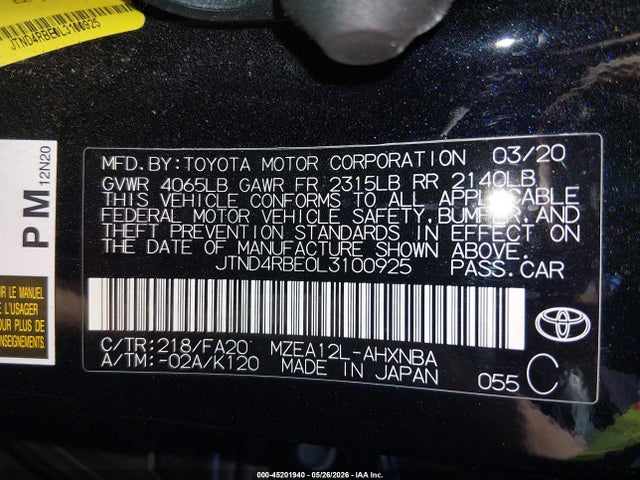 45201940 :رقم المزاد ، JTND4RBE0L3100925 vin ، 2020 Toyota Corolla Se Nightshade Edition مزاد بيع