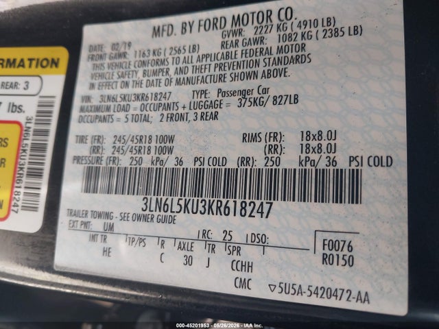 Aukcja sprzedaży 2019 Lincoln Mkz Hybrid Standard, vin: 3LN6L5KU3KR618247, numer aukcji: 45201953