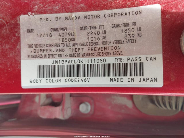 Aukcja sprzedaży 2019 Mazda Mazda3 Select Package, vin: JM1BPACL0K1111080, numer aukcji: 45201954