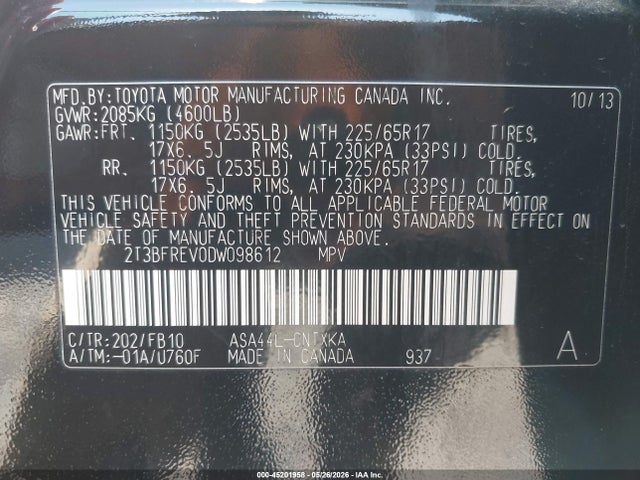 Aukcja sprzedaży 2013 Toyota Rav4 Le, vin: 2T3BFREV0DW098612, numer aukcji: 45201958