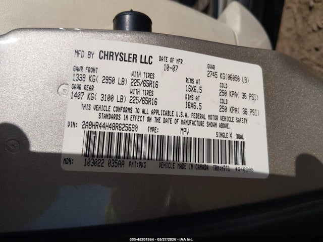 Aukcja sprzedaży 2008 Chrysler Town & Country Lx, vin: 2A8HR44H48R625690, numer aukcji: 45201964