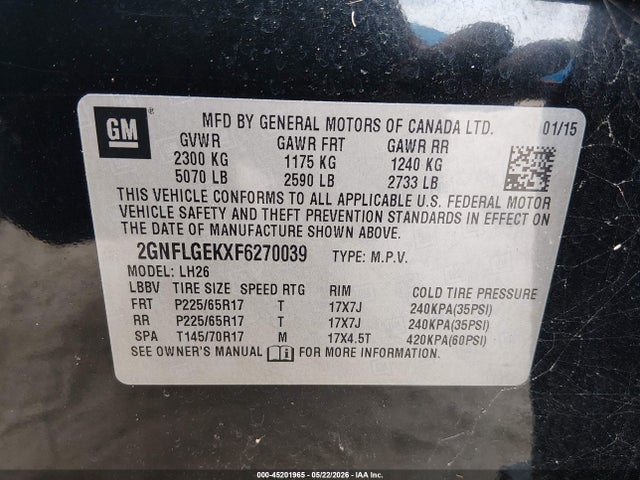 Aukcja sprzedaży 2015 Chevrolet Equinox 2lt, vin: 2GNFLGEKXF6270039, numer aukcji: 45201965