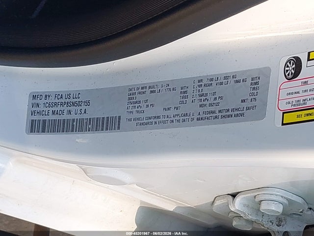 Aukcja sprzedaży 2025 Ram 1500 Laramie  4x4 6'4 Box, vin: 1C6SRFRP8SN502155, numer aukcji: 45201967