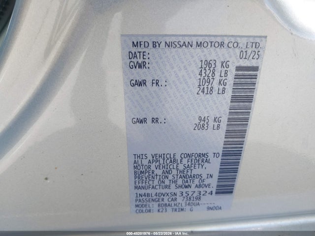 Продаж на аукціоні авто 2025 Nissan Altima Sv Fwd, vin: 1N4BL4DVXSN357324, номер лоту: 45201976