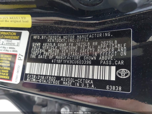 Aukcja sprzedaży 2012 Toyota Camry Xle, vin: 4T1BF1FK9CU603396, numer aukcji: 45201984