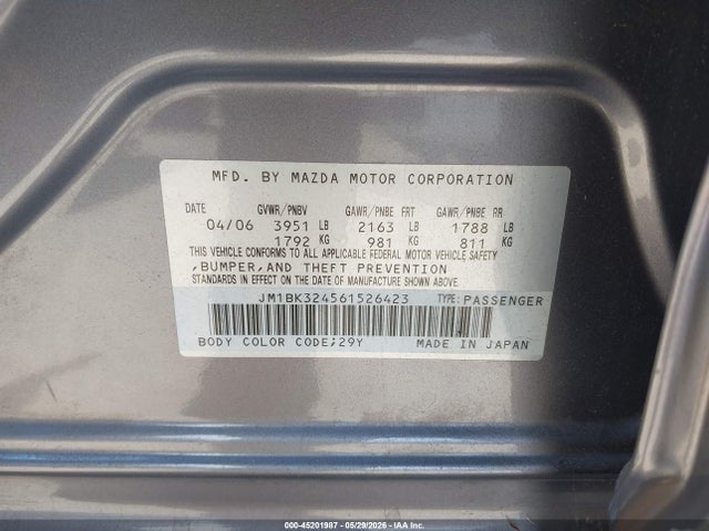 Aukcja sprzedaży 2006 Mazda Mazda3 S Touring, vin: JM1BK324561526423, numer aukcji: 45201987