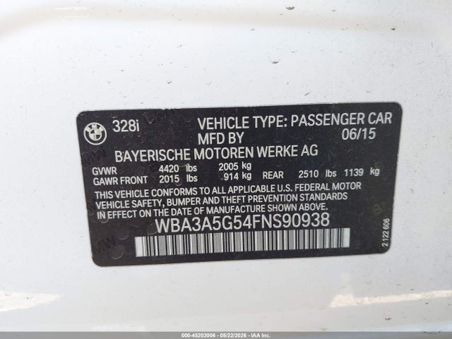 2015 Bmw 328i მანქანა იყიდება აუქციონზე, vin: WBA3A5G54FNS90938, აუქციონის ნომერი: 45202006