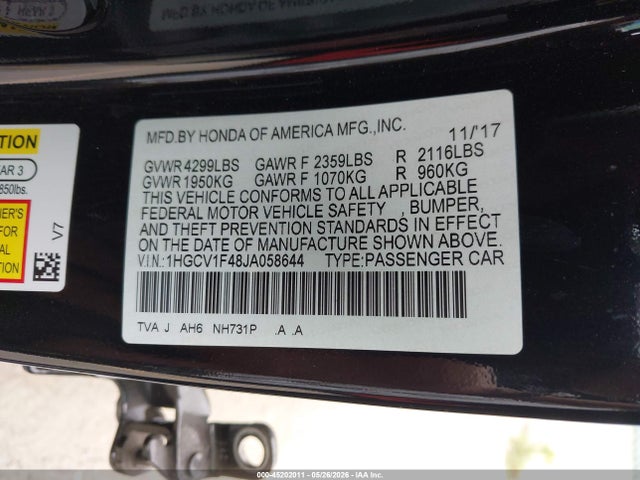 Aukcja sprzedaży 2018 Honda Accord Ex, vin: 1HGCV1F48JA058644, numer aukcji: 45202011