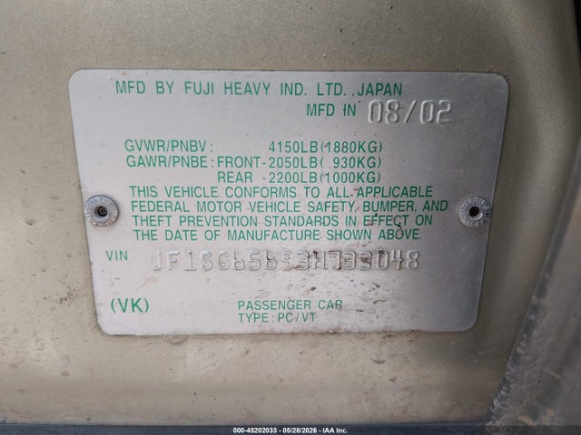 45202033 :رقم المزاد ، JF1SG65693H733048 vin ، 2003 Subaru Forester Xs مزاد بيع