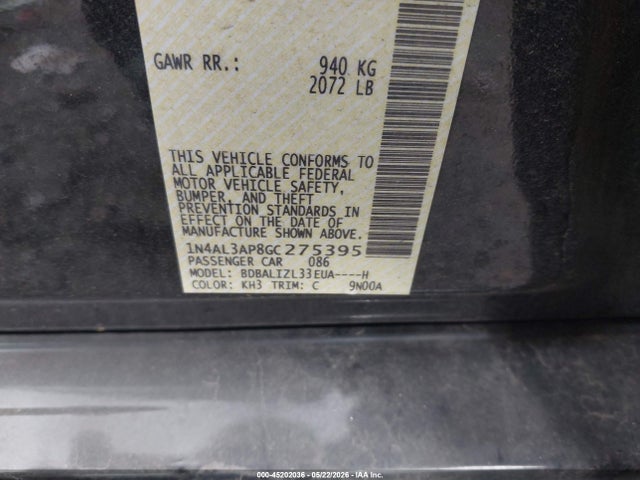 45202036 :رقم المزاد ، 1N4AL3AP8GC275395 vin ، 2016 Nissan Altima 2.5 Sv مزاد بيع