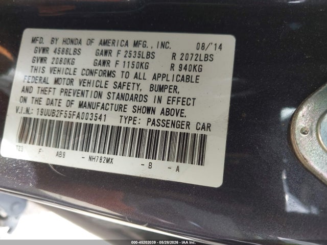 45202039 :رقم المزاد ، 19UUB2F55FA003541 vin ، 2015 Acura Tlx V6 Tech مزاد بيع