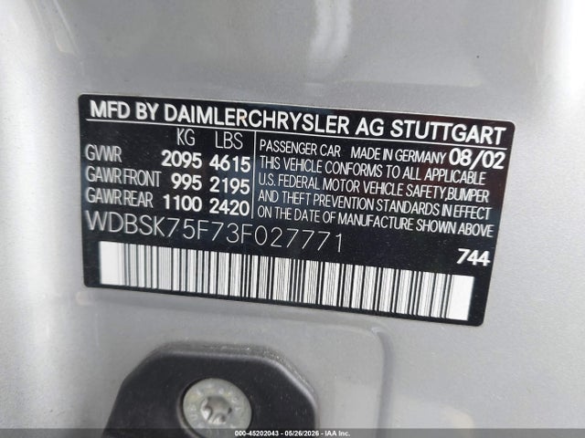 45202043 :رقم المزاد ، WDBSK75F73F027771 vin ، 2003 Mercedes-benz Sl 500 مزاد بيع