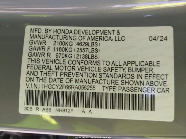 1HGCY2F66RA056255 Honda Accord Hybrid Ex-l