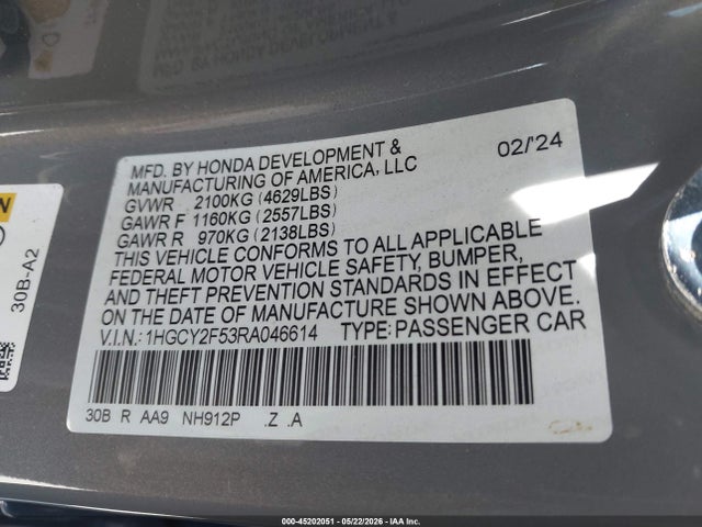1HGCY2F53RA046614 Honda Accord Hybrid Sport