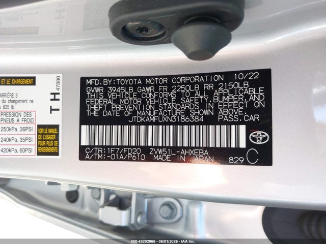 Toyota Prius Le 2022 JTDKAMFUXN3186384 Image 9