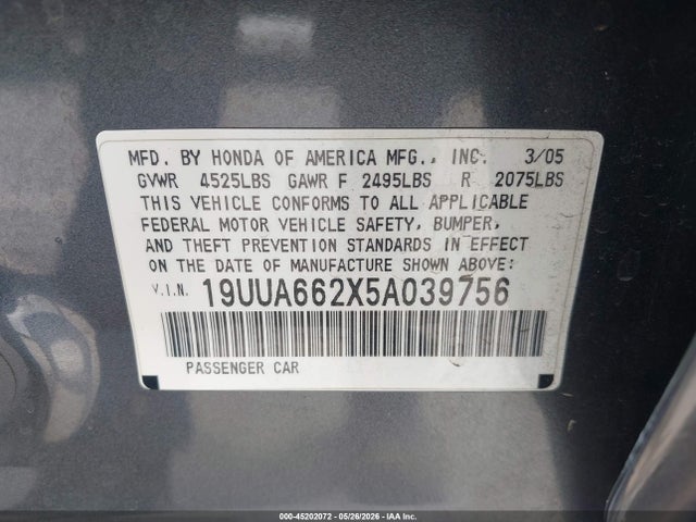 Продаж на аукціоні авто 2005 Acura Tl, vin: 19UUA662X5A039756, номер лоту: 45202072