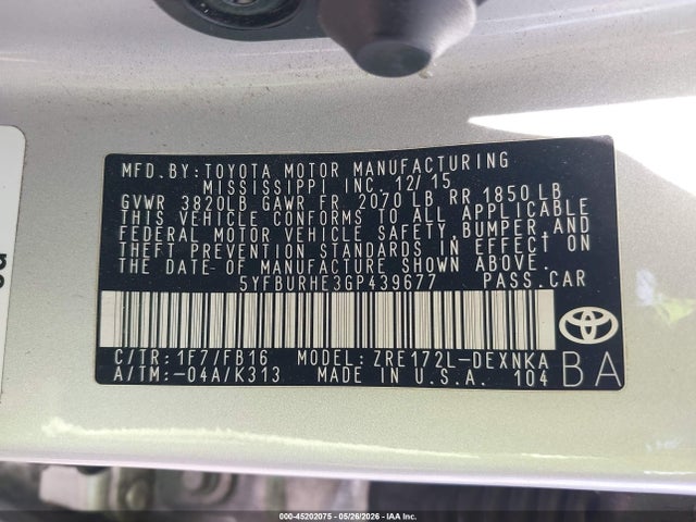 Aukcja sprzedaży 2016 Toyota Corolla Le, vin: 5YFBURHE3GP439677, numer aukcji: 45202075