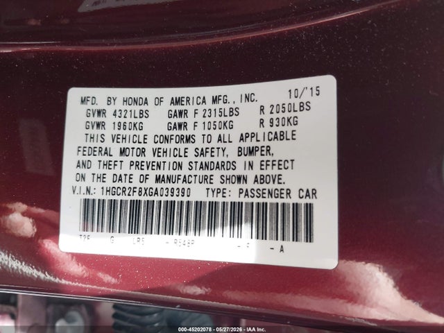 Aukcja sprzedaży 2016 Honda Accord Ex-l, vin: 1HGCR2F8XGA039390, numer aukcji: 45202078