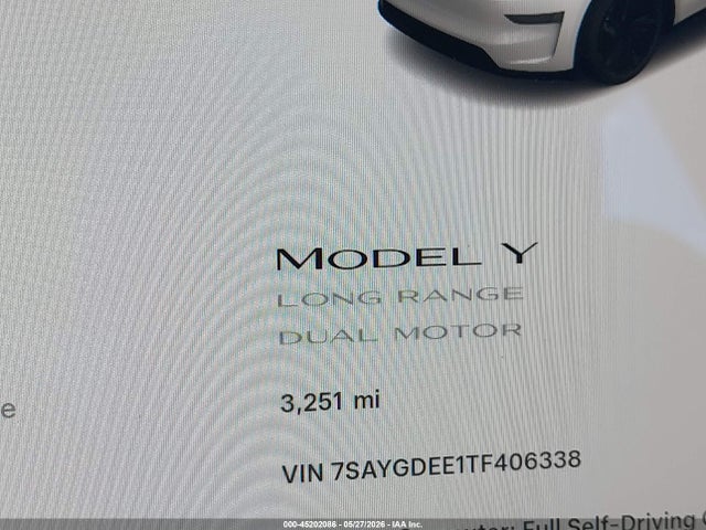 Auction sale of the 2026 Tesla Model Y All-wheel Drive/long Range Launch Series/premium All-wheel Drive, vin: 7SAYGDEE1TF406338, lot number: 45202086