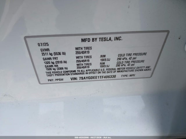 Auction sale of the 2026 Tesla Model Y All-wheel Drive/long Range Launch Series/premium All-wheel Drive, vin: 7SAYGDEE1TF406338, lot number: 45202086