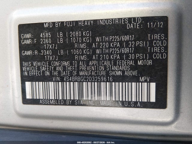 Продажа на аукционе авто 2013 Subaru Outback 2.5i Premium, vin: 4S4BRBGC2D3259616, номер лота: 45202092