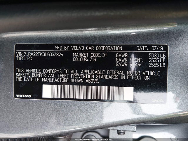 7JRA22TK3LG037824 Volvo S60 T6 Momentum