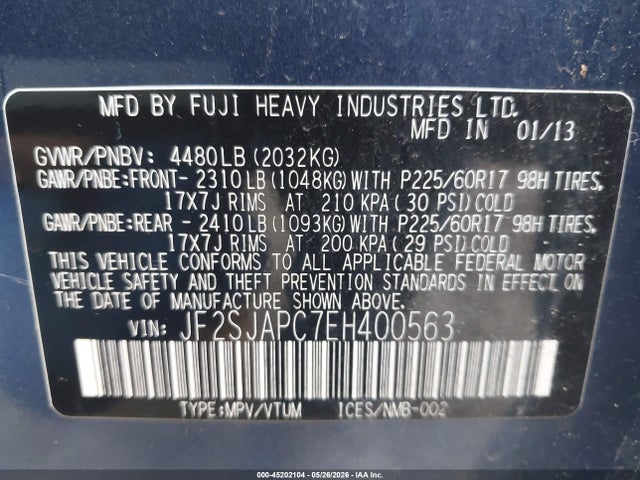45202104 :رقم المزاد ، JF2SJAPC7EH400563 vin ، 2014 Subaru Forester 2.5i Touring مزاد بيع