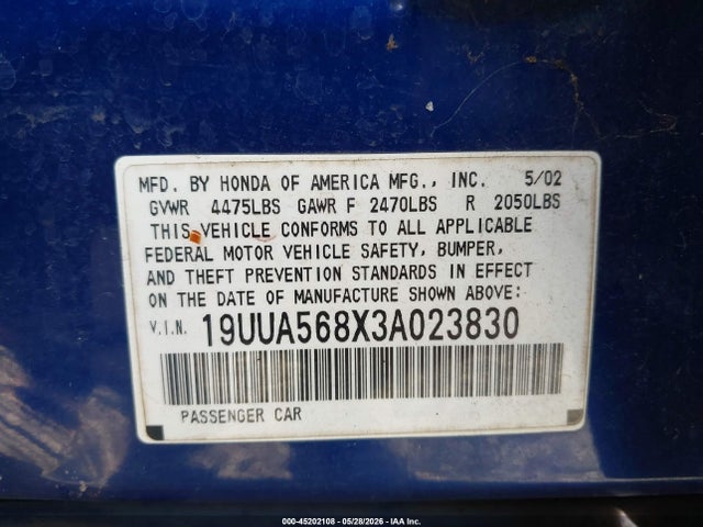 2003 Acura Tl 3.2 Type S მანქანა იყიდება აუქციონზე, vin: 19UUA568X3A023830, აუქციონის ნომერი: 45202108